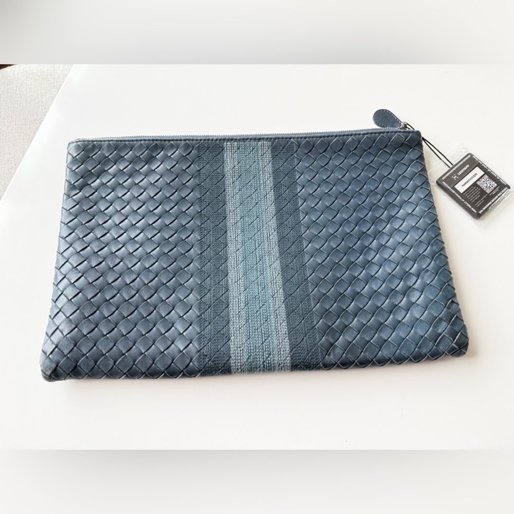 Bottega Veneta Navy Woven Leather Zip Pouch with Center Stripe. Limited Edition
